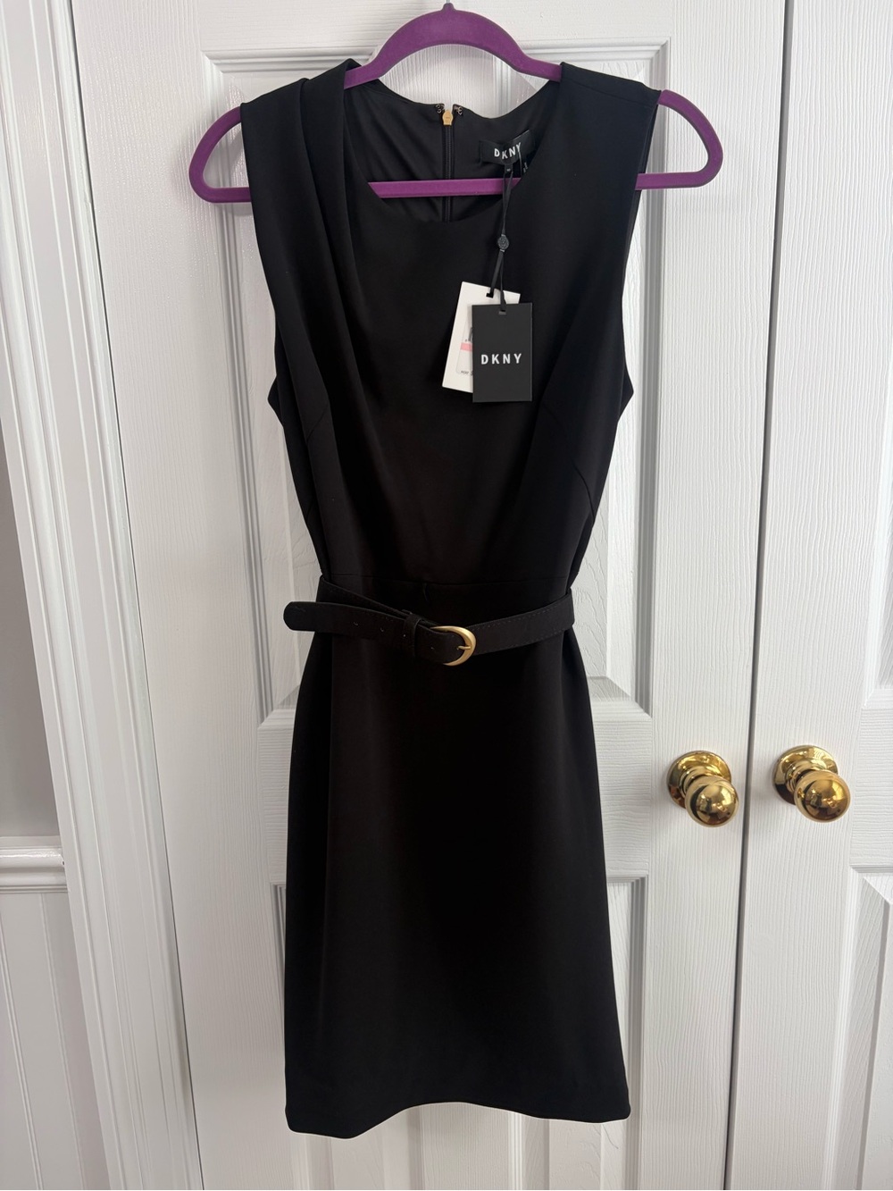 DKNY Black Sleeveless Belted Midi Dress